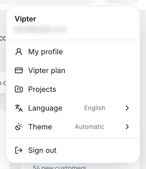 Account menu with My profile, Vipter plan, Projects, Language, Theme and Sign out