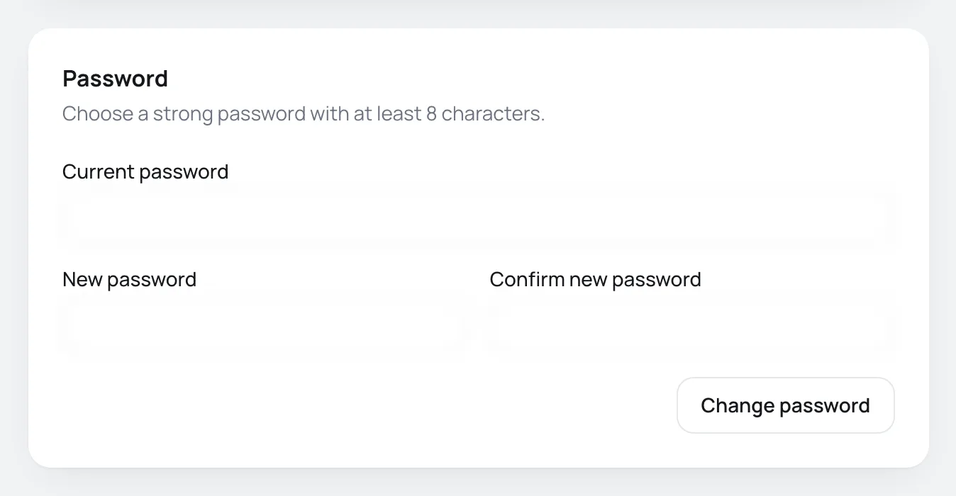 Password card with the current password, the new password and the confirmation