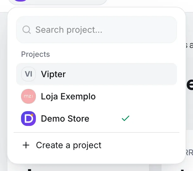Project selector open with the search, the store list and the Create a project option