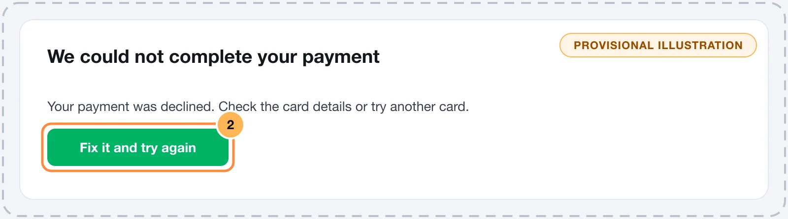 We could not complete your payment dialog with the decline message and the Fix it and try again button