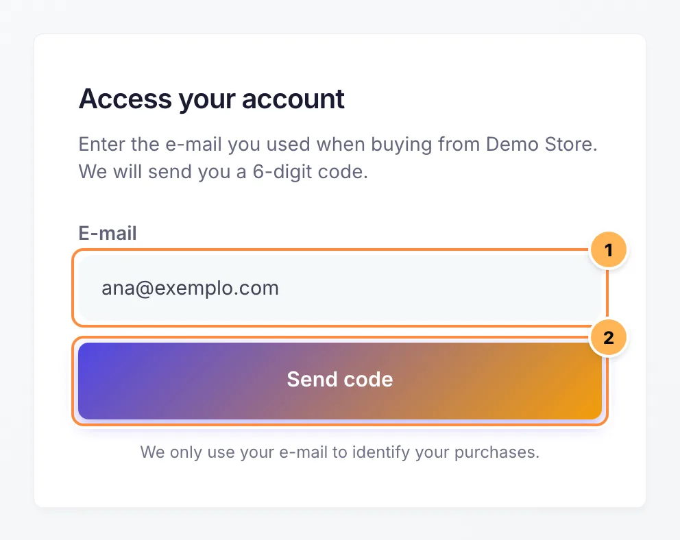 Access your account screen with the E-mail field filled in and the Send code button numbered