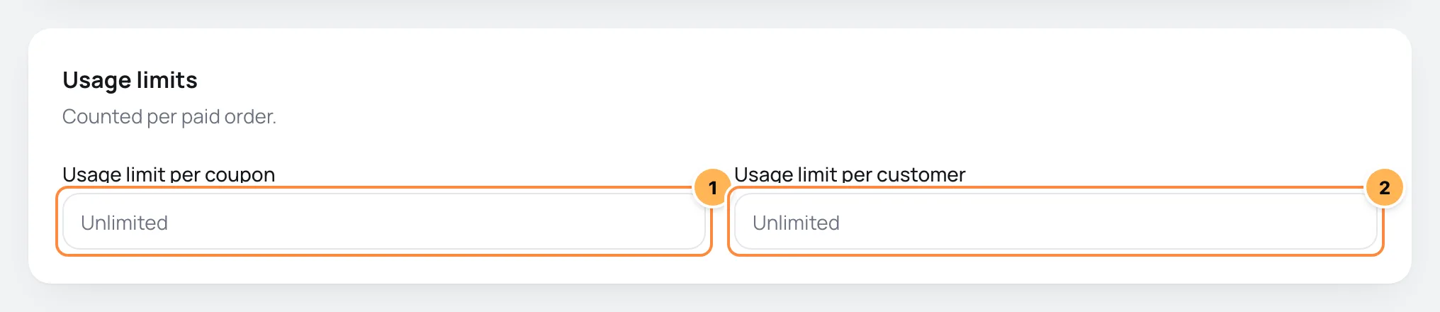 Usage limits card with the limit per coupon and the limit per customer