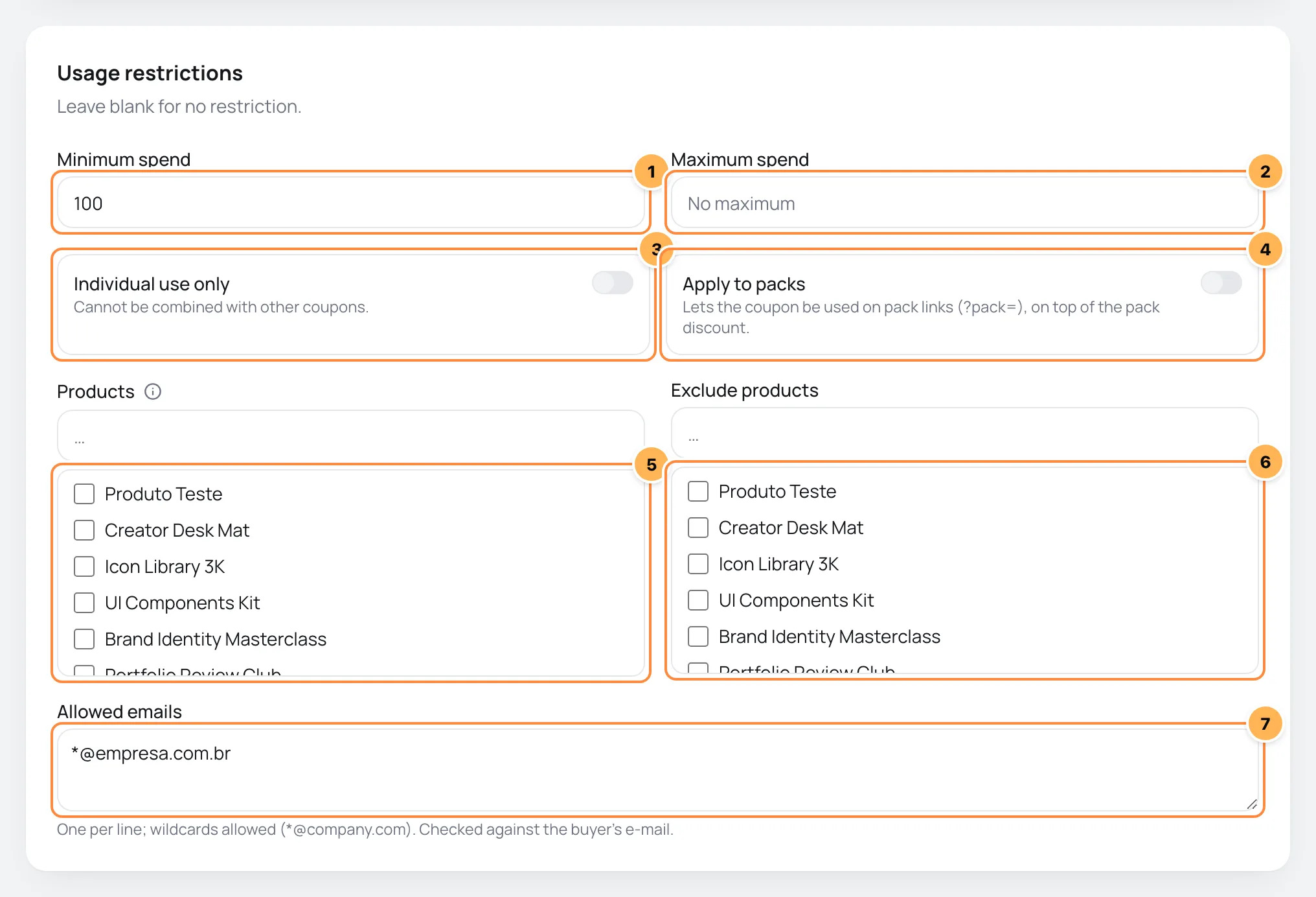Usage restrictions card with minimum and maximum spend, individual use, apply to packs, products, excluded products and allowed e-mails numbered
