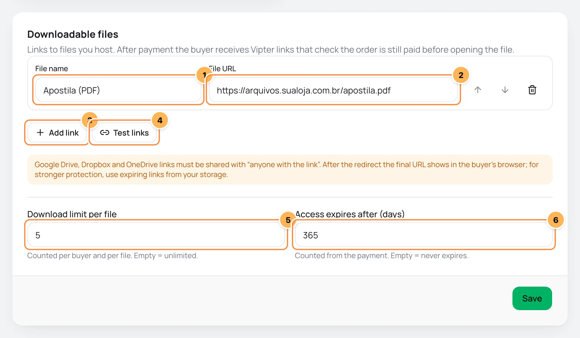 Files for download card with a file's name and URL, the Add link and Test links buttons, the download limit and the expiry numbered