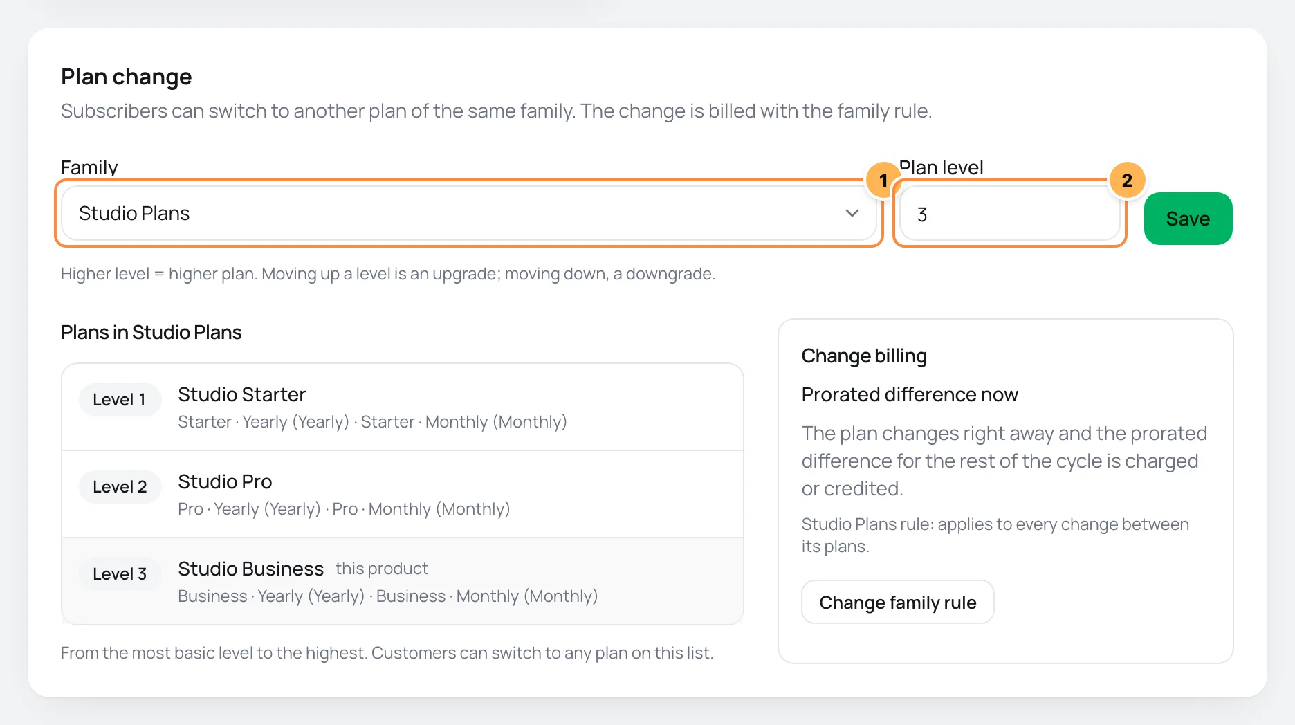 Plan change tab of a product with the family, the plan level, the list of plans in the family and the billing rule