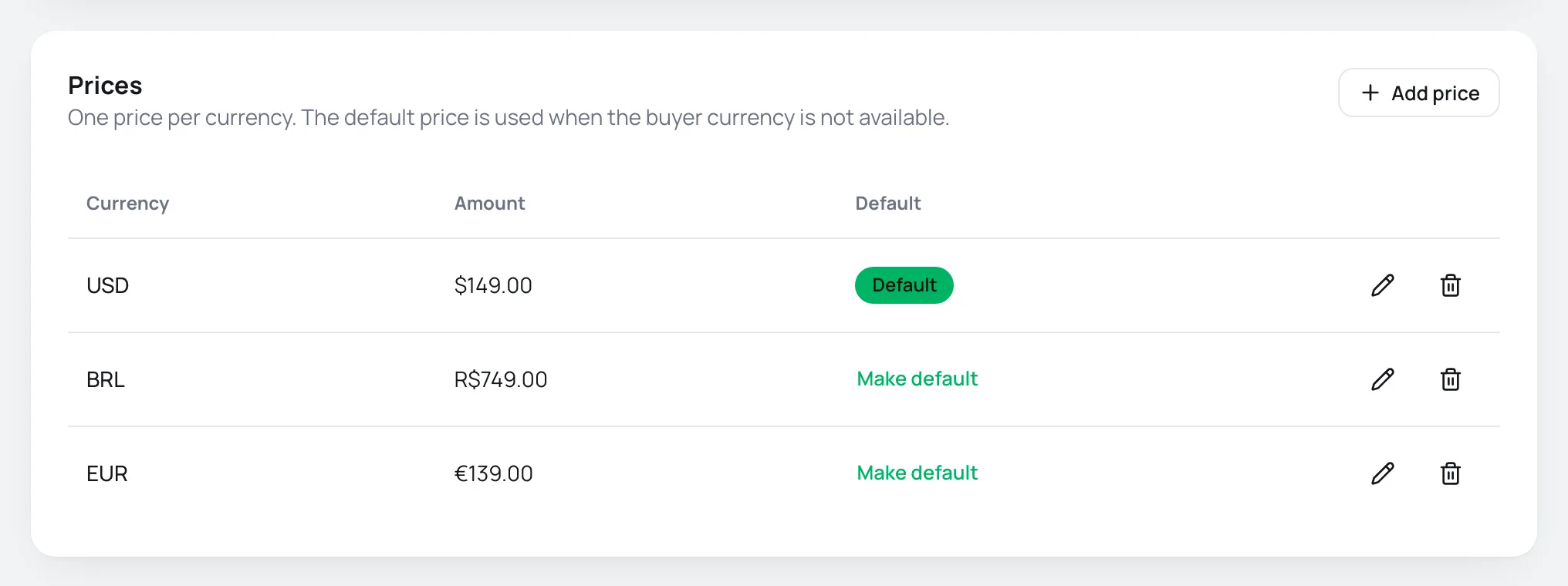 Prices card of an offer with prices in USD, BRL and EUR, with USD marked as default