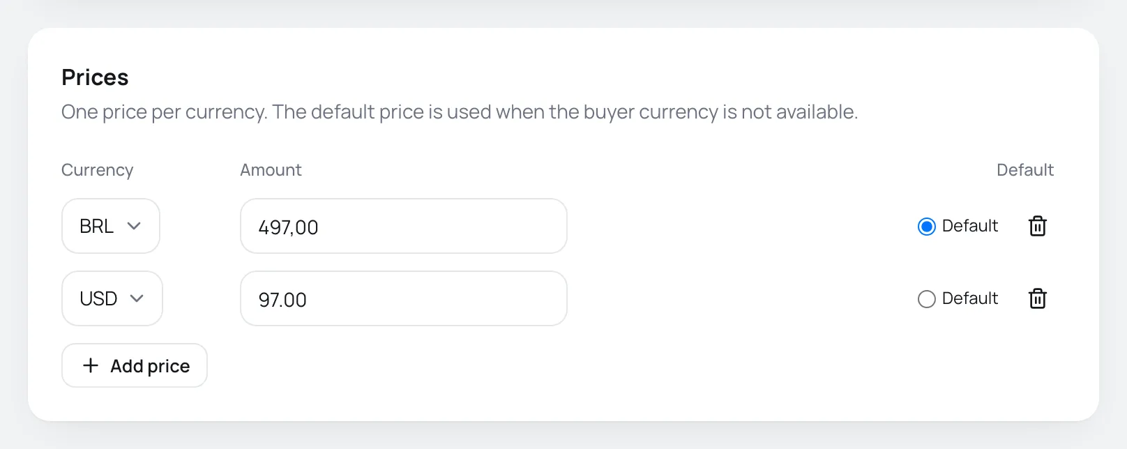 Prices card of a new offer with a BRL price marked as default and another in USD