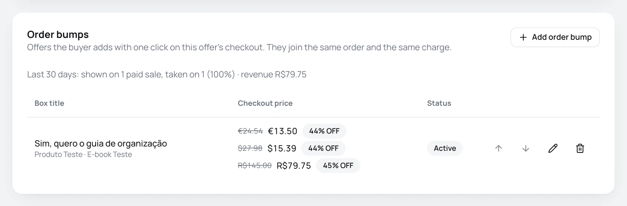 Order bumps card with the last 30 days metric and an active bump with its price in three currencies