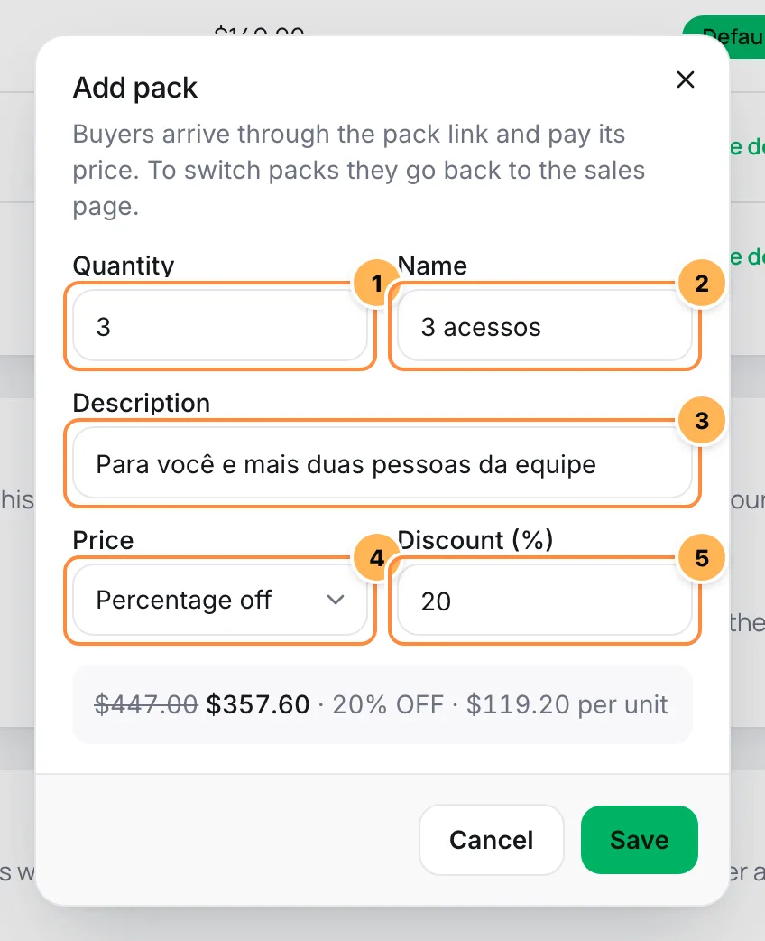 Add pack dialog with quantity, name, description, price type and discount numbered and the price preview