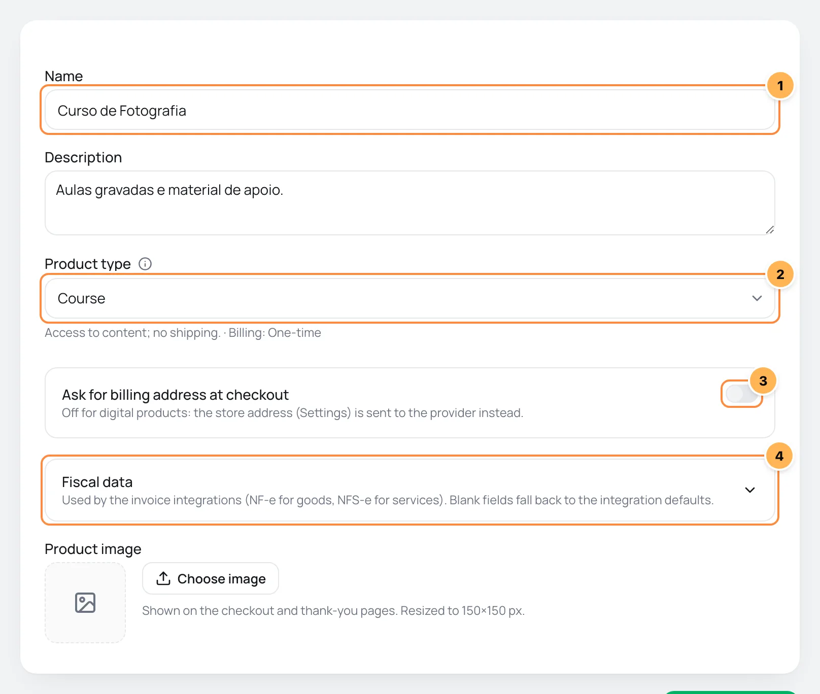 New product form with name, type, address and fiscal data numbered