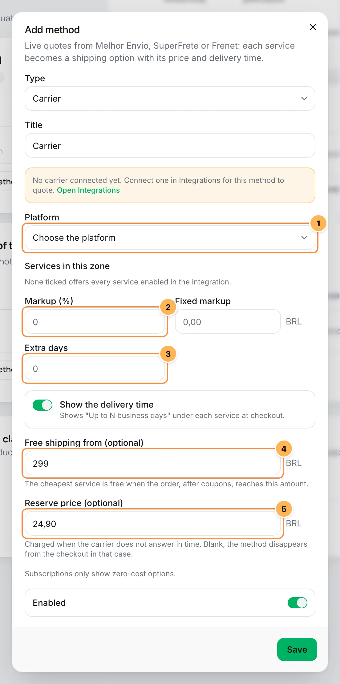 Add method window of the Carrier type with the platform, the markup, the extra days, free shipping from and the reserve price numbered