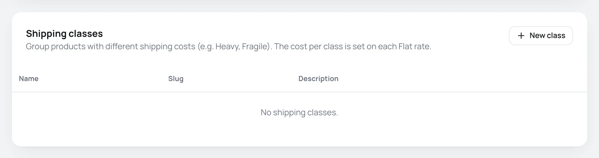 Shipping classes card with the New class button and an empty list