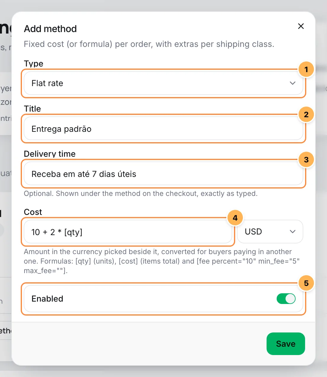 Add method dialog of the Flat rate type with title, delivery time, cost as a formula and the Enabled switch numbered