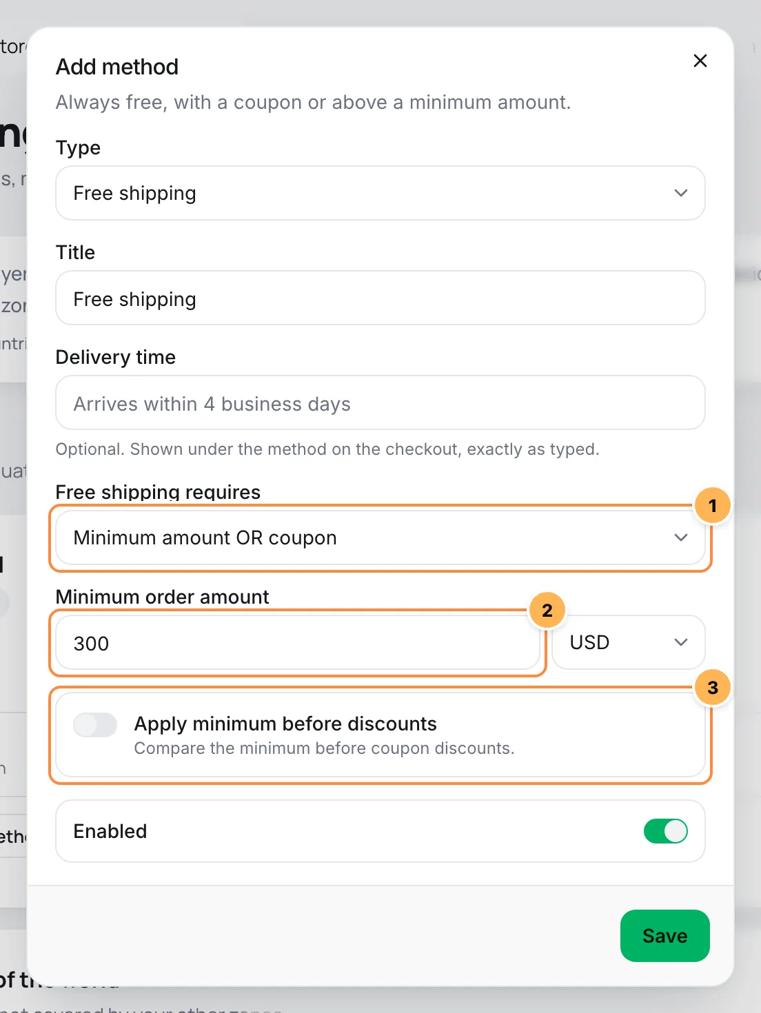 Free shipping method dialog with the condition, the minimum order amount and the option to apply the minimum before discounts numbered
