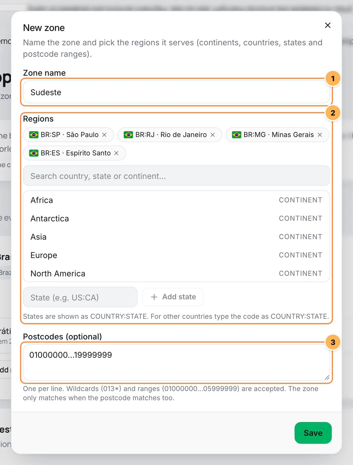 New zone dialog with the name Southeast, four states selected and a postcode range