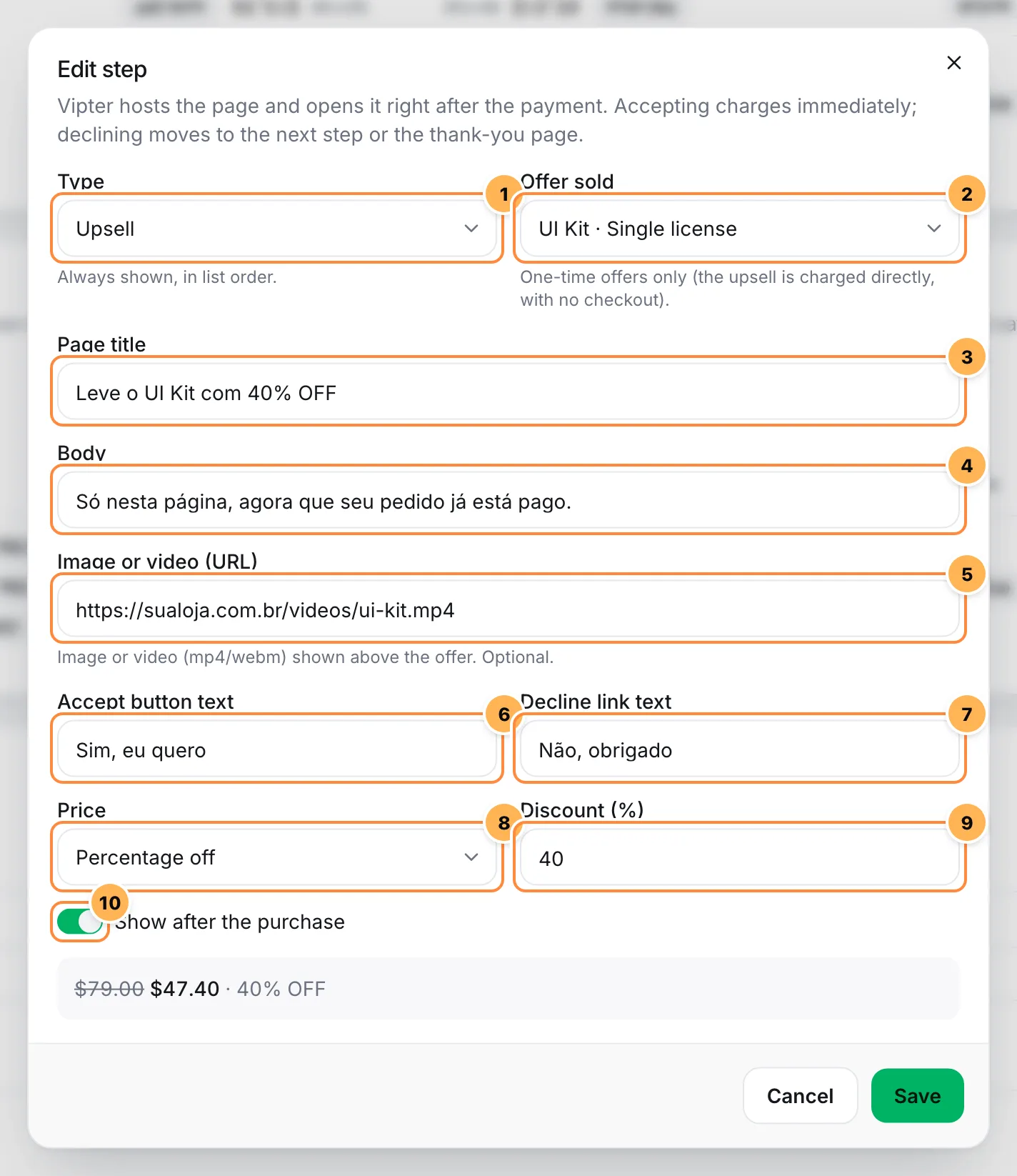 Funnel step dialog with type, offer sold, title, body, media, button texts, price and the Show after the purchase switch numbered