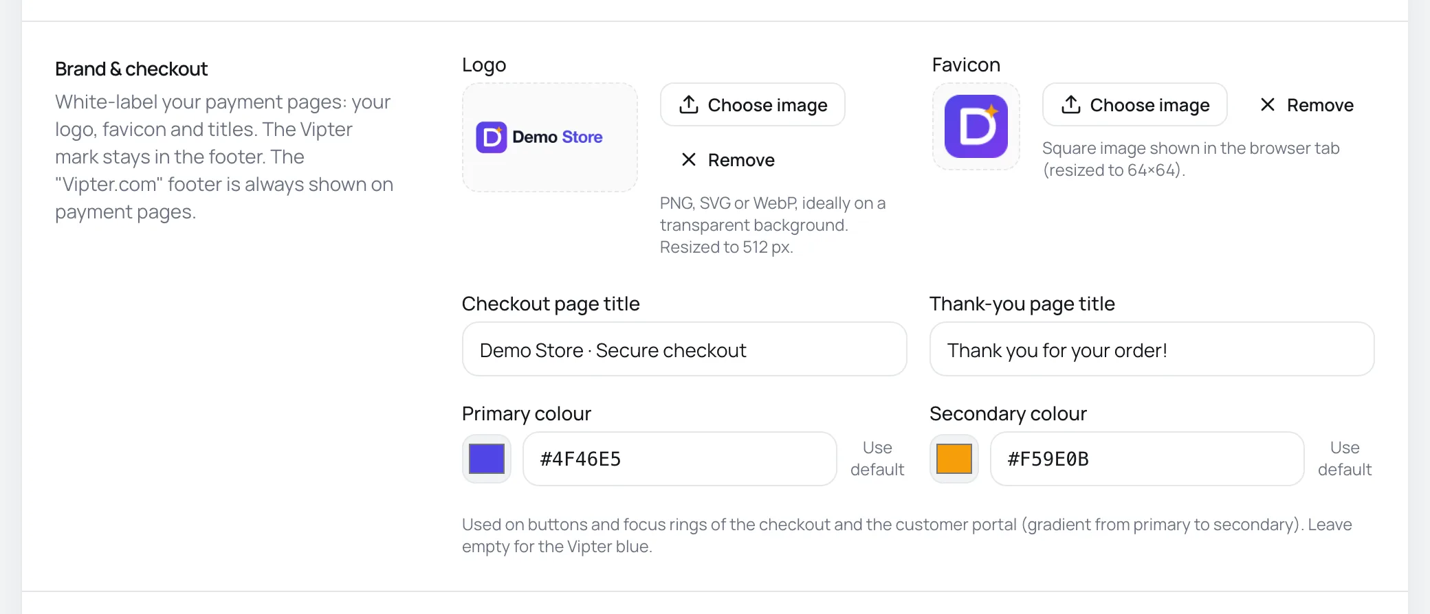 Brand & checkout card with logo, favicon, checkout and thank-you page titles, and the primary and secondary colors