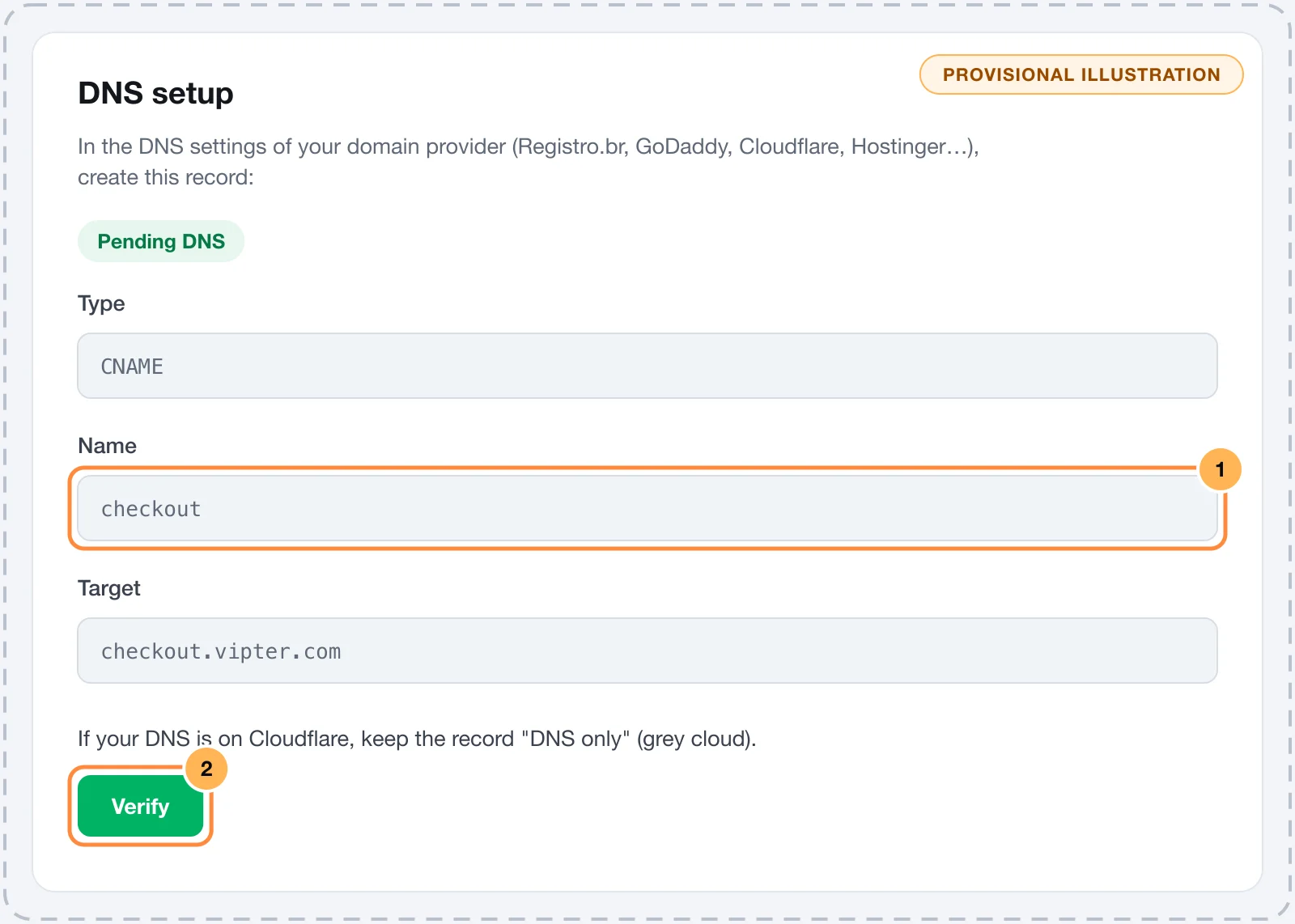 DNS instructions in Vipter with the CNAME record and the Verify button