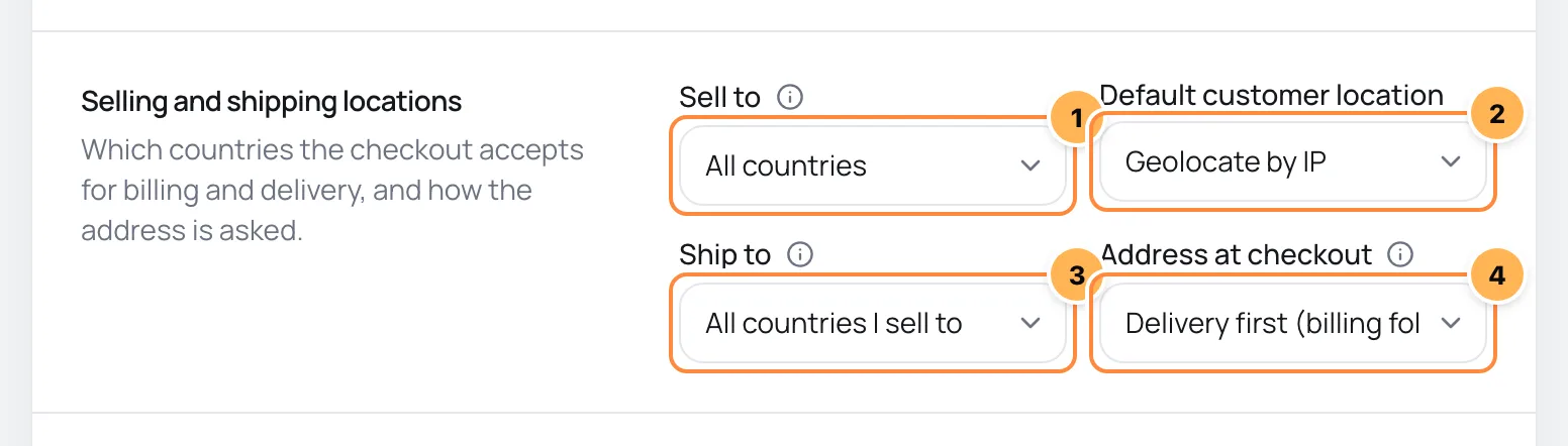 Selling and shipping locations card with the four selectors numbered