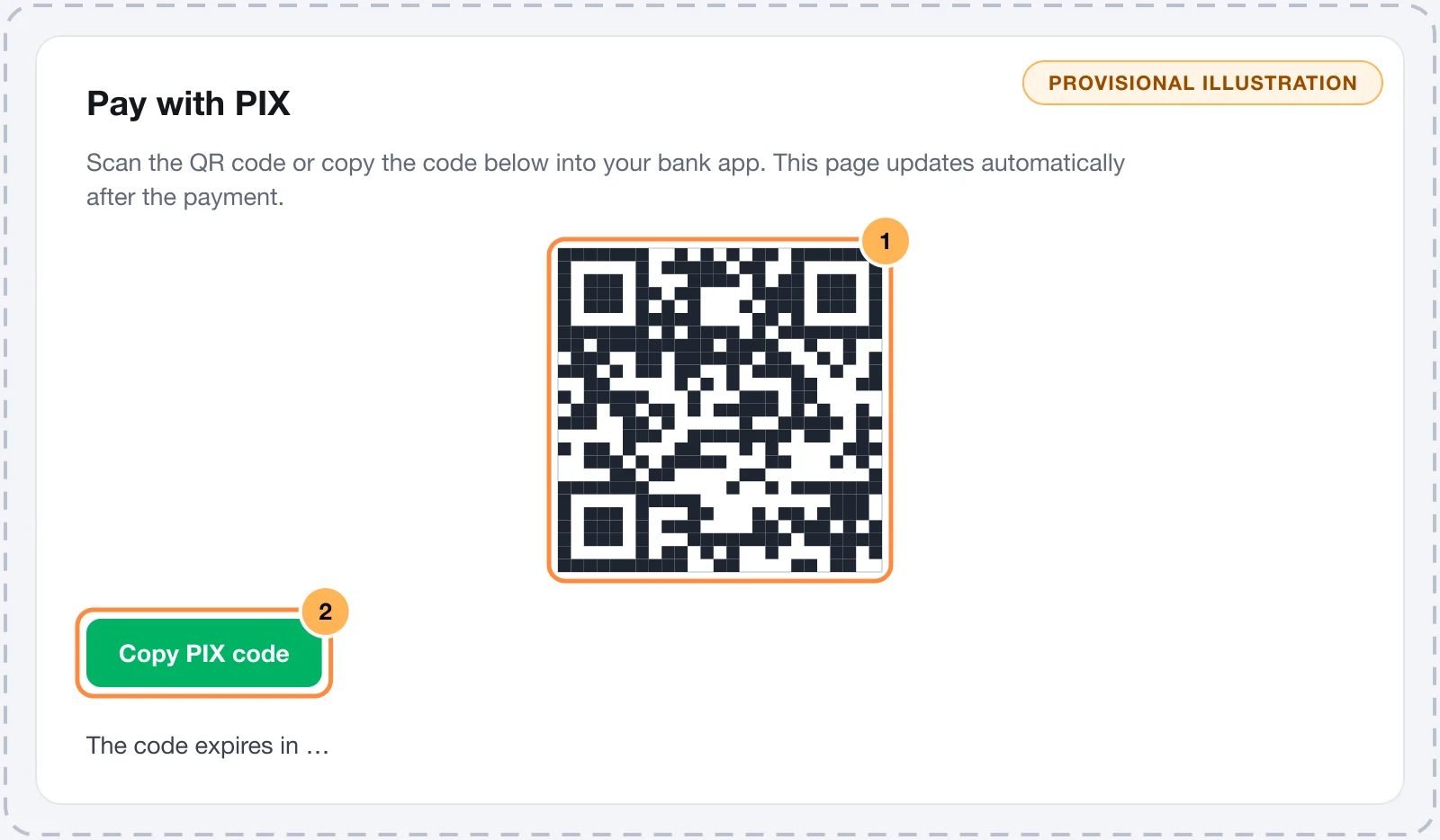 Checkout with the PIX QR code, the copy-and-paste code and the time left