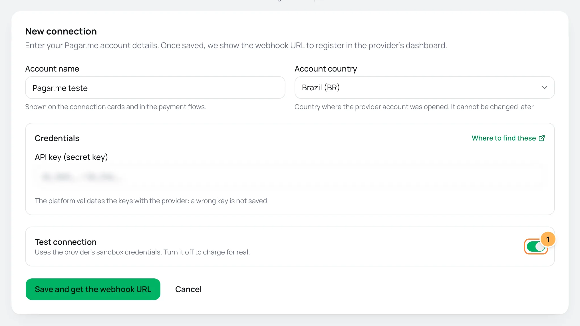 New Pagar.me connection form with the Test connection toggle on and highlighted
