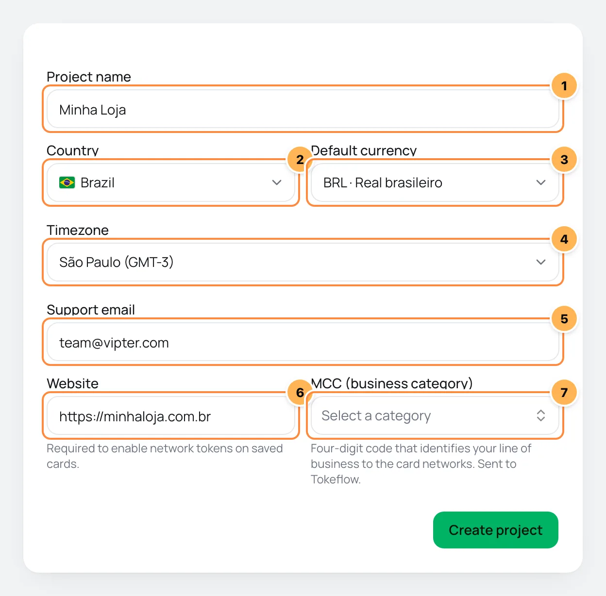 Project creation form in Vipter with the seven numbered fields