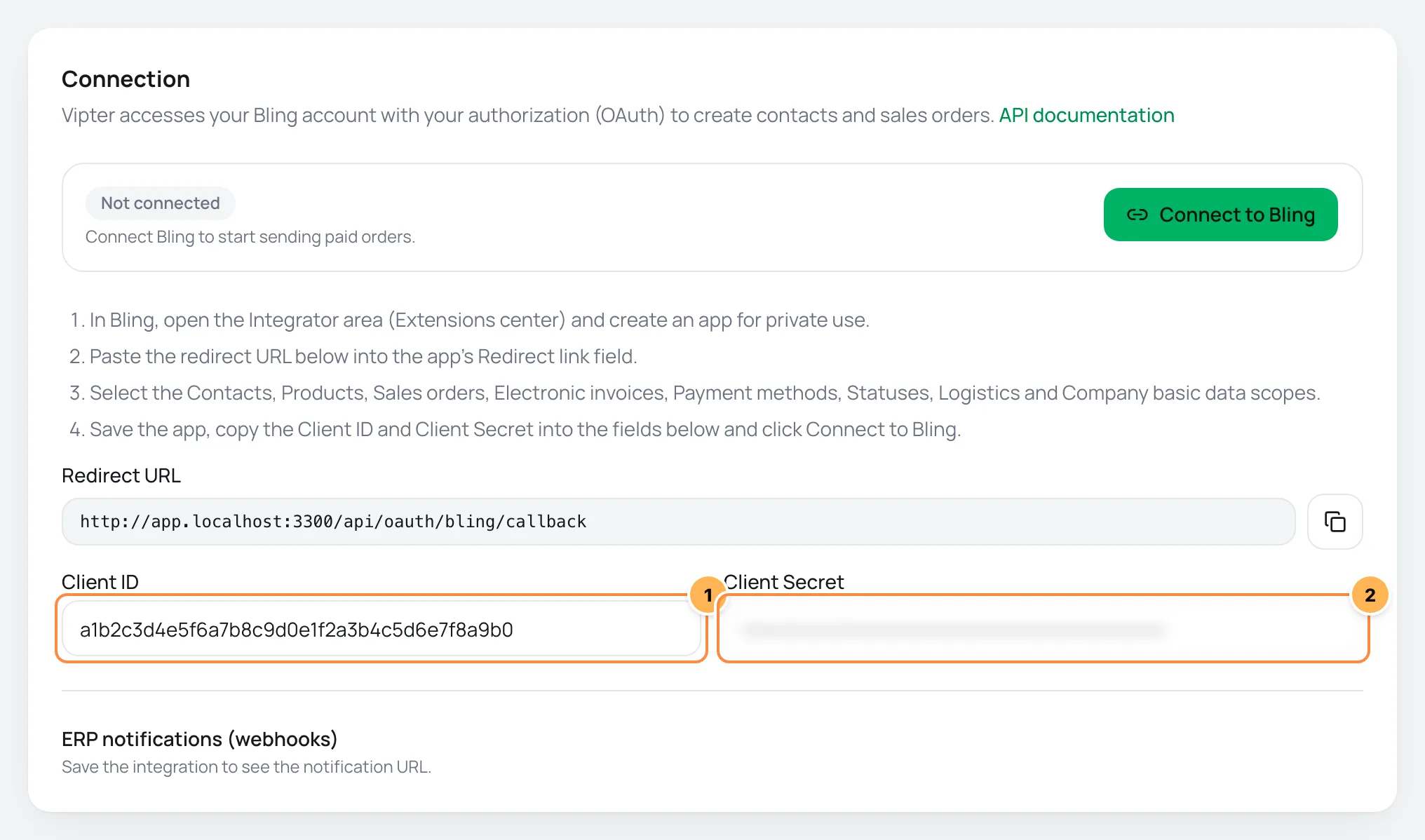 Bling Connection card in Vipter with the app steps, the redirect URL and the Client ID and Client Secret fields numbered