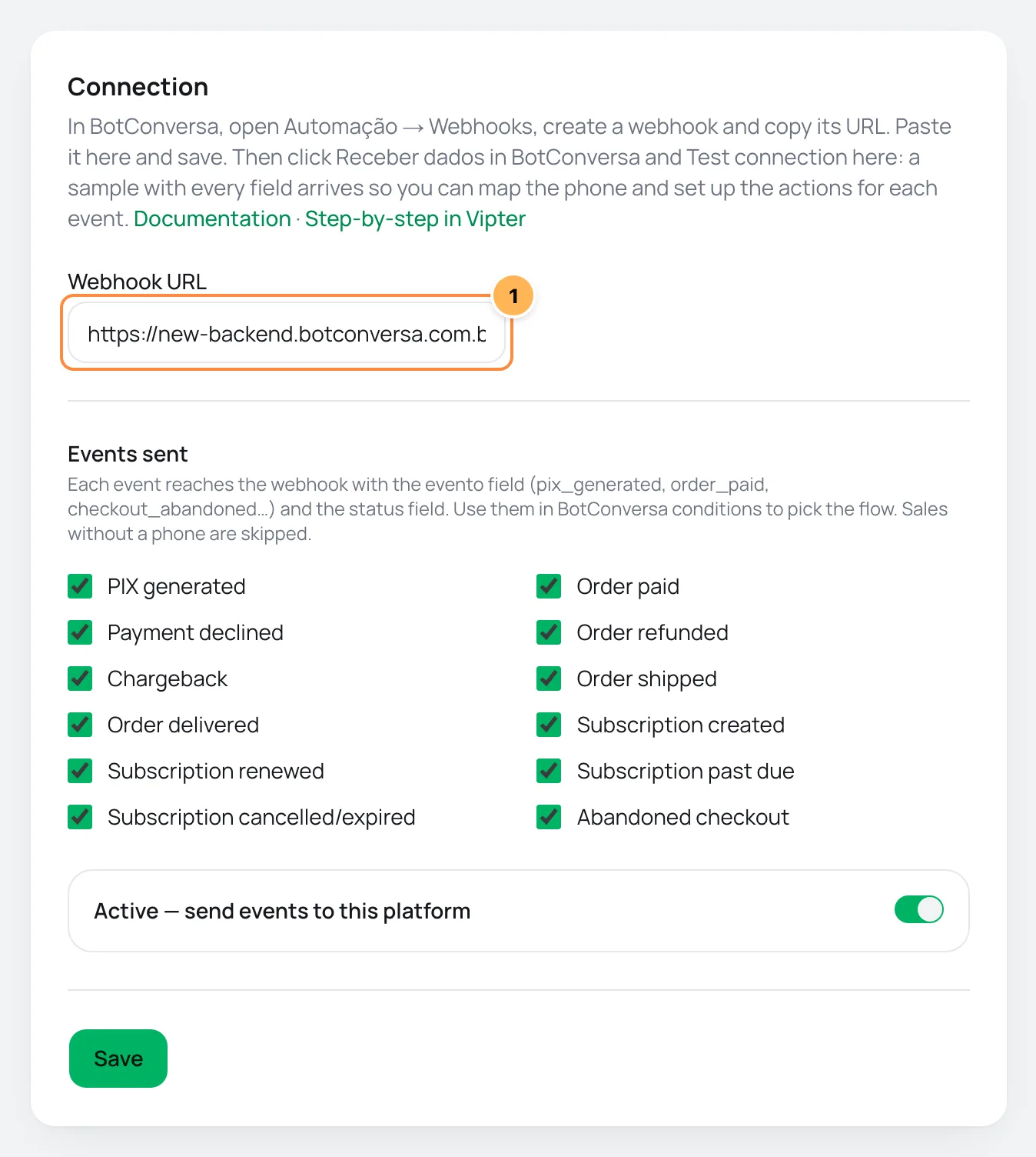 BotConversa Connection card in Vipter with the webhook URL field numbered and the list of events