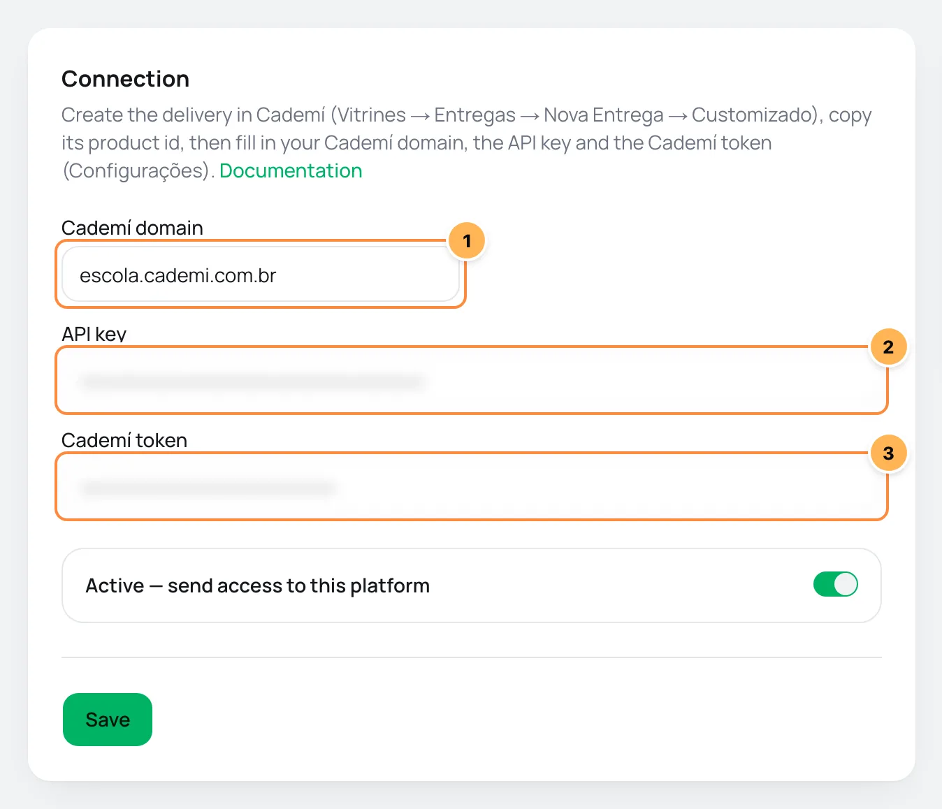 Cademí connection card in Vipter with the domain, API key and token numbered