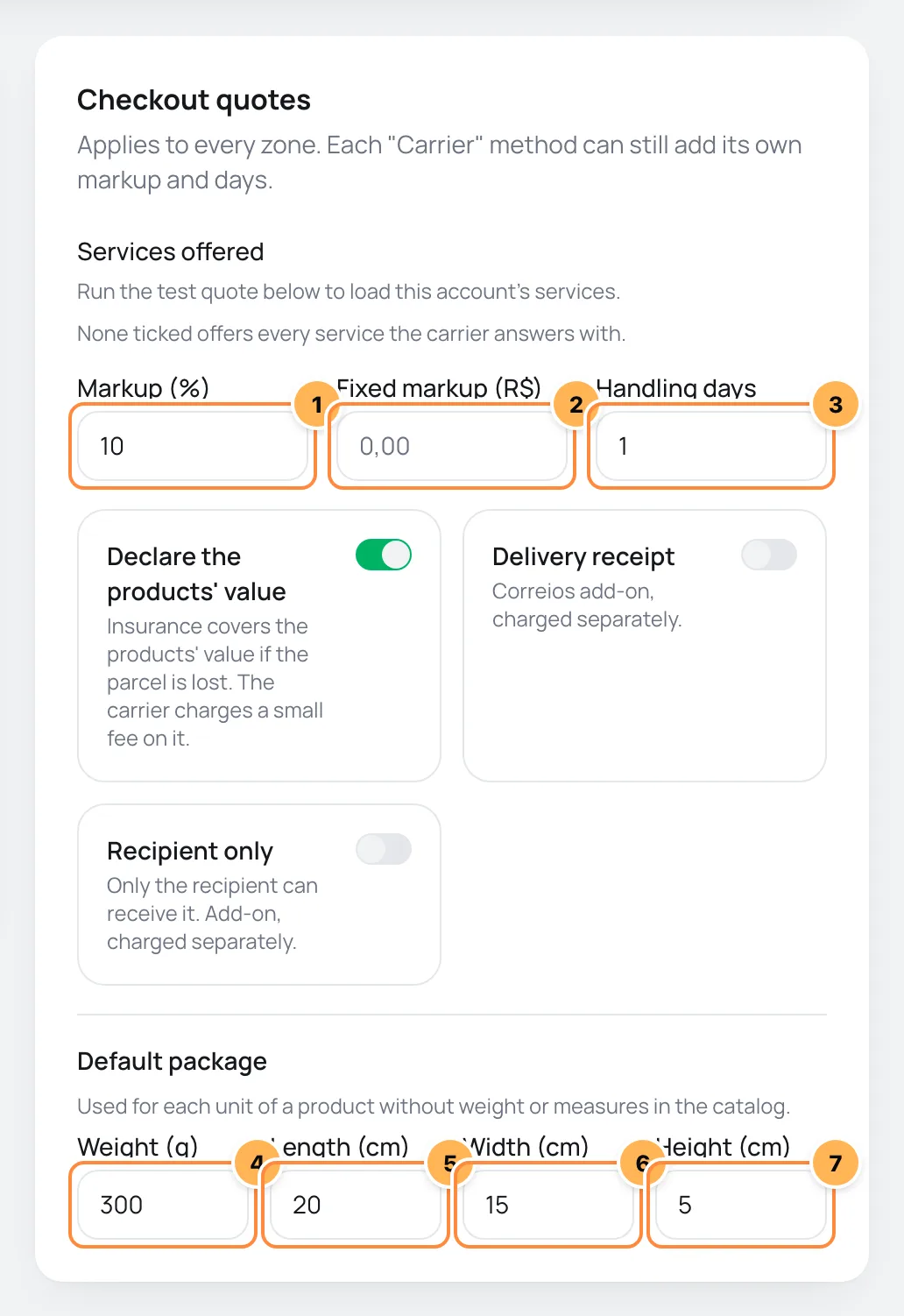 Checkout quotes card with the markups, the handling days and the default package numbered