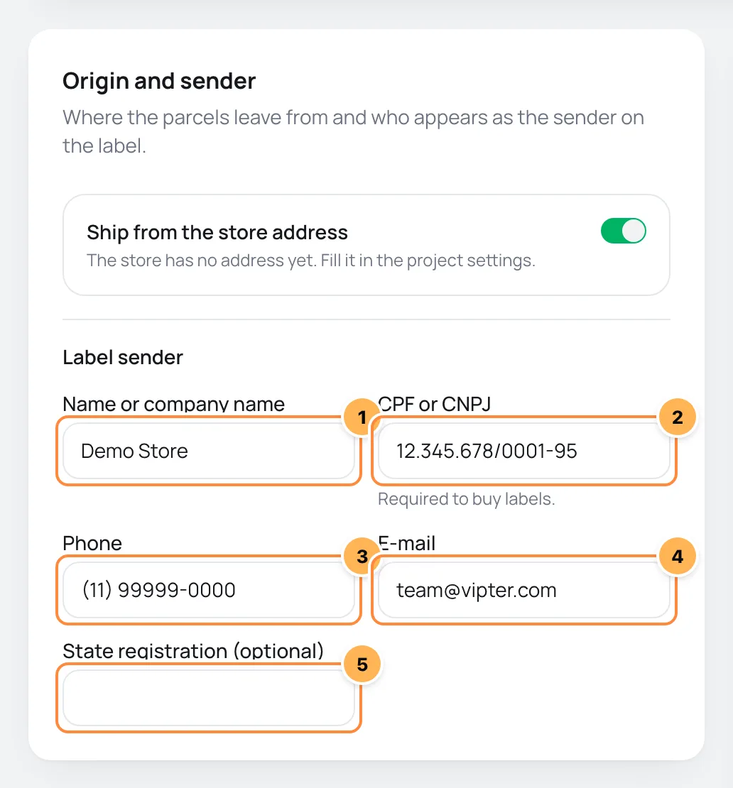 Origin and sender card with the store address switch and the sender fields numbered