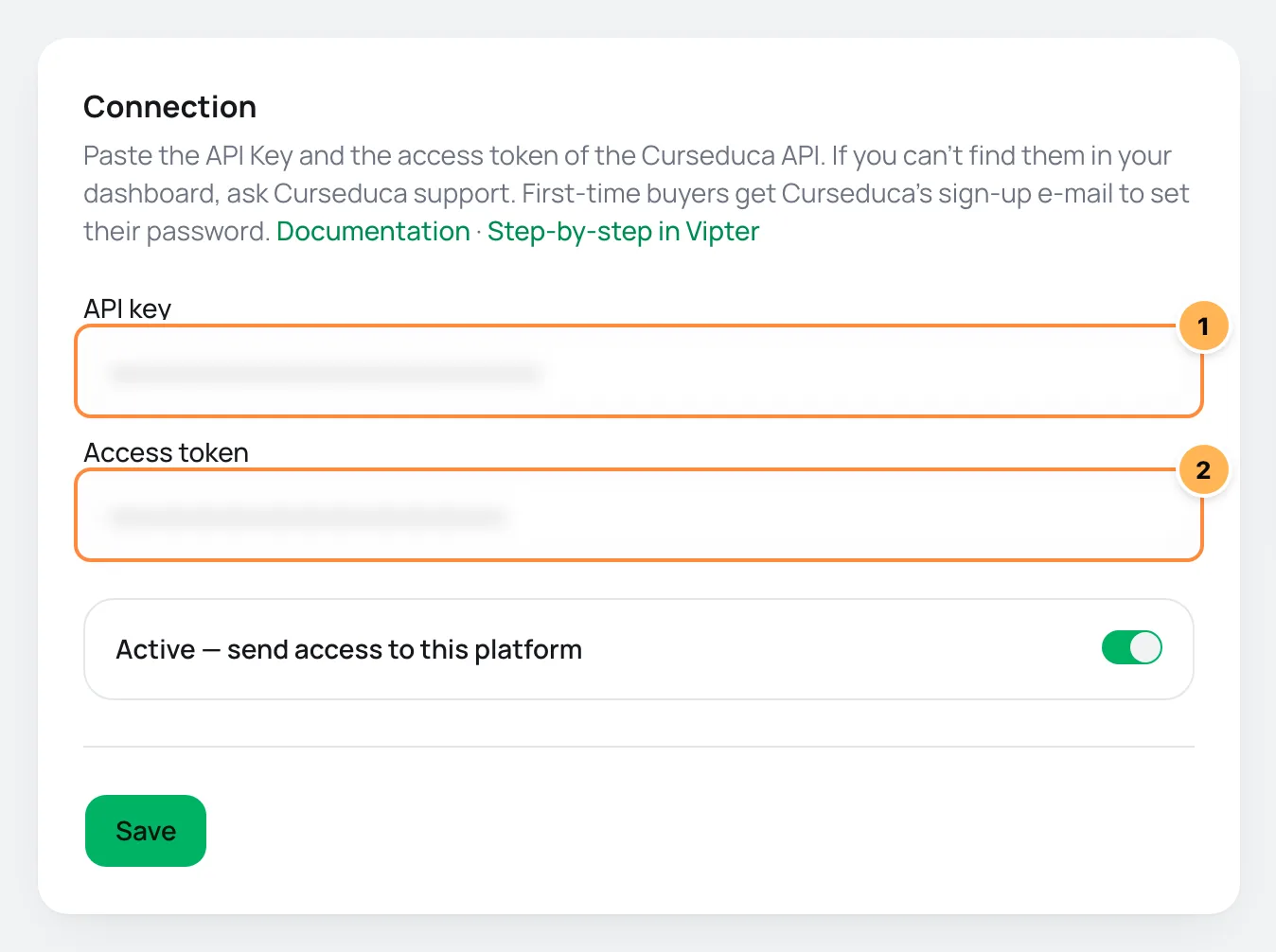 Curseduca Connection card in Vipter with the API key and the access token numbered