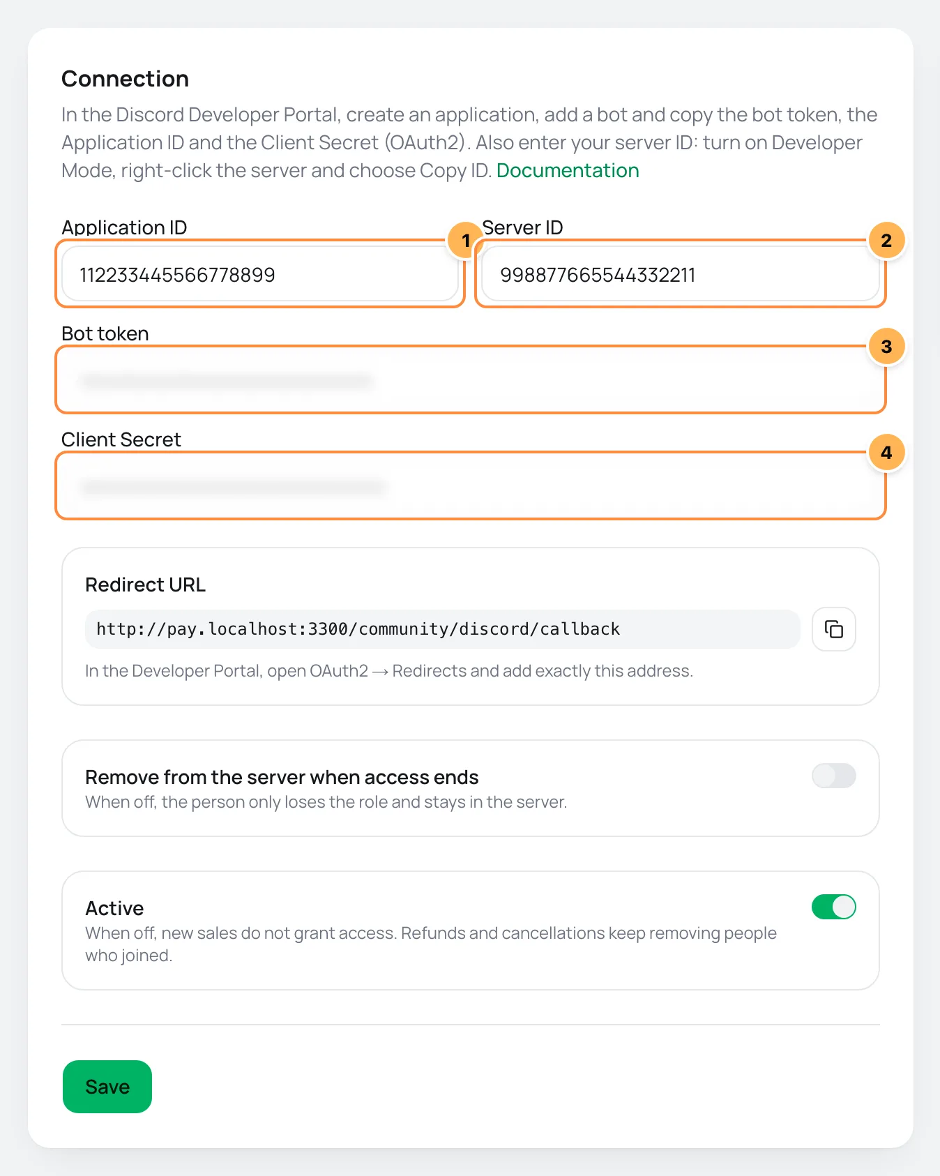 Discord Connection card in Vipter with the Application ID, server ID, bot token and Client Secret numbered, and the redirect URL
