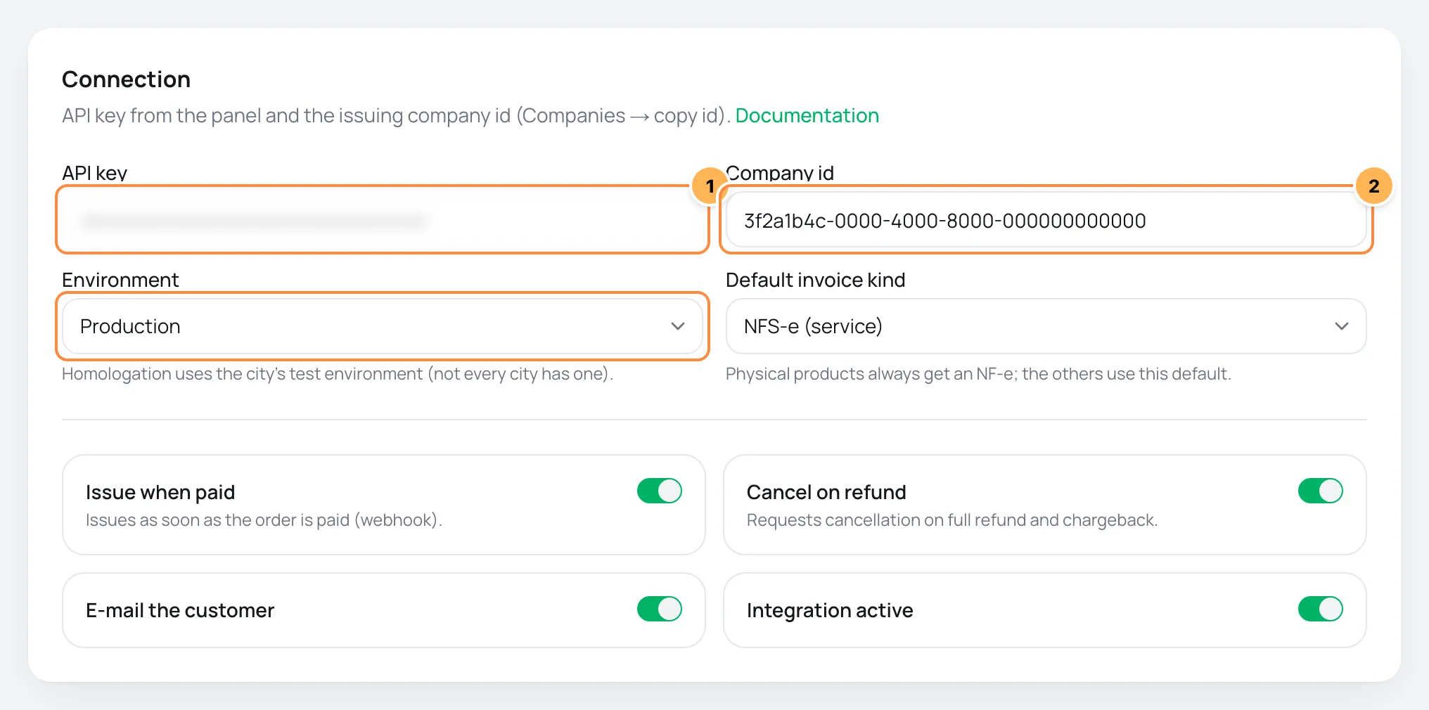 eNotas connection card in Vipter with the API key and the company ID numbered and the Environment field highlighted