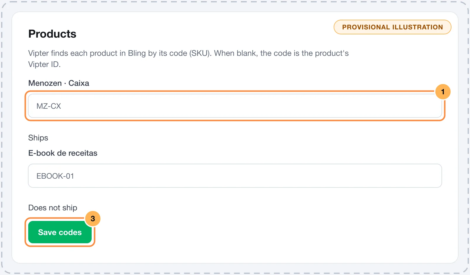 Products card with a product that ships and its code typed in, a product linked to the ERP ID and the Save codes button