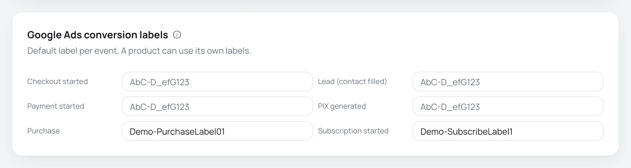 Google Ads conversion labels card with one label field for each event