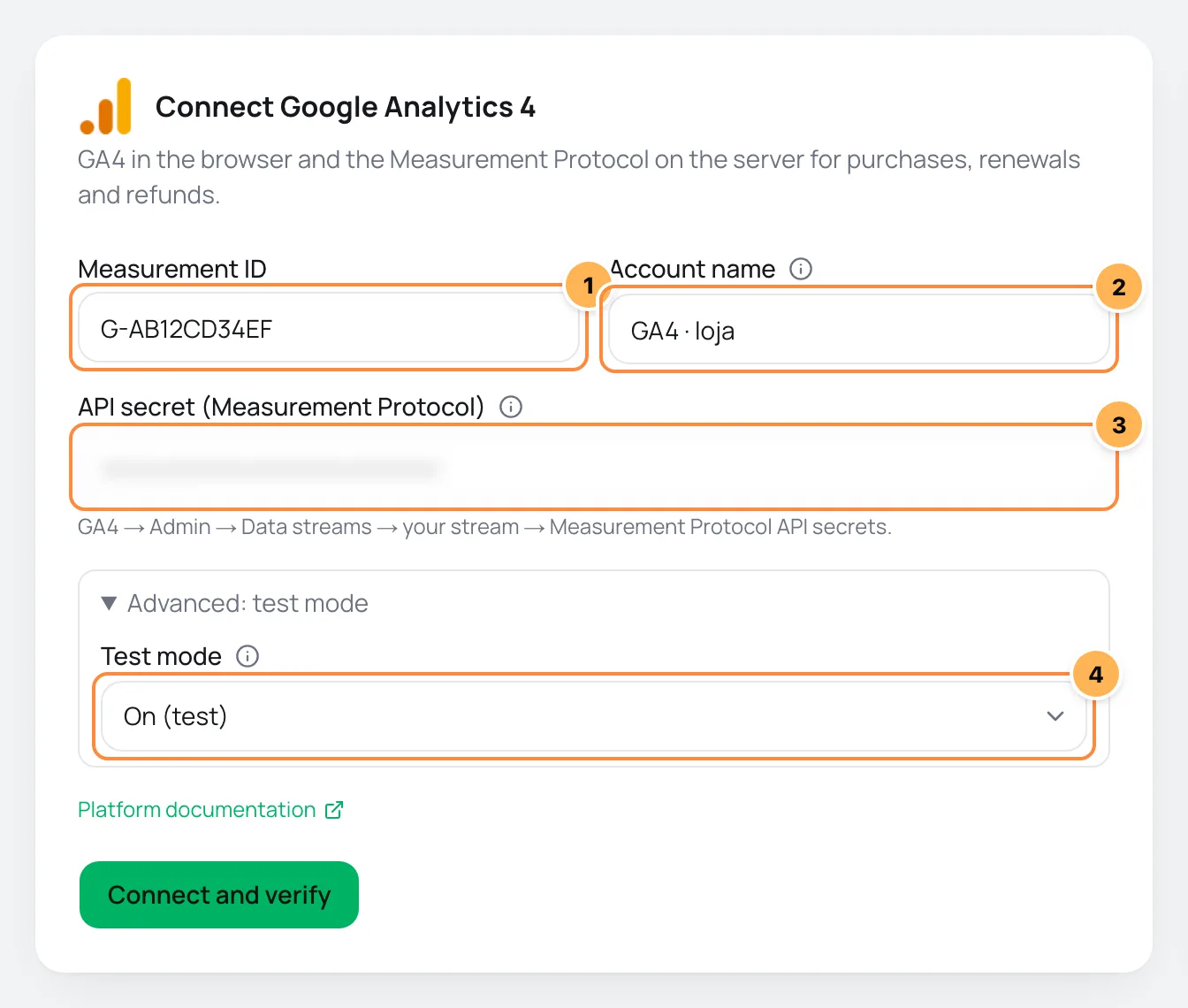 Connect Google Analytics 4 form with Measurement ID, account name, API secret and test mode numbered