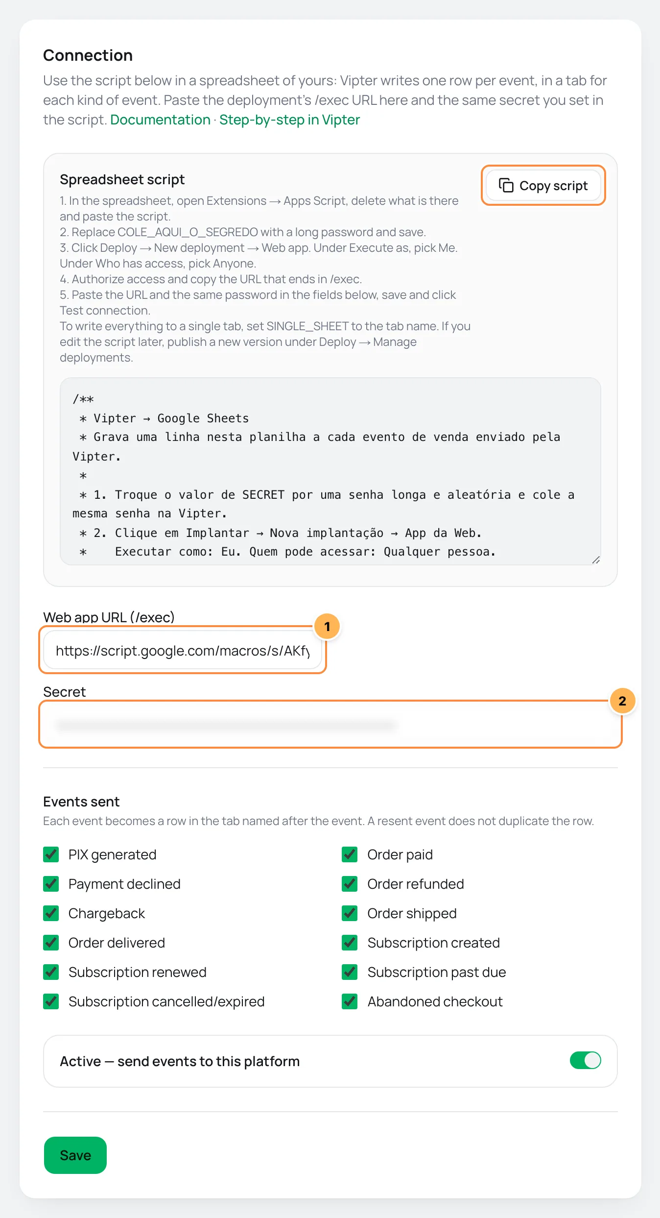 Google Sheets page in Vipter with the spreadsheet script, the Copy script button and the connection fields numbered