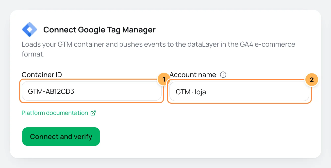 Connect Google Tag Manager form with Container ID and account name numbered