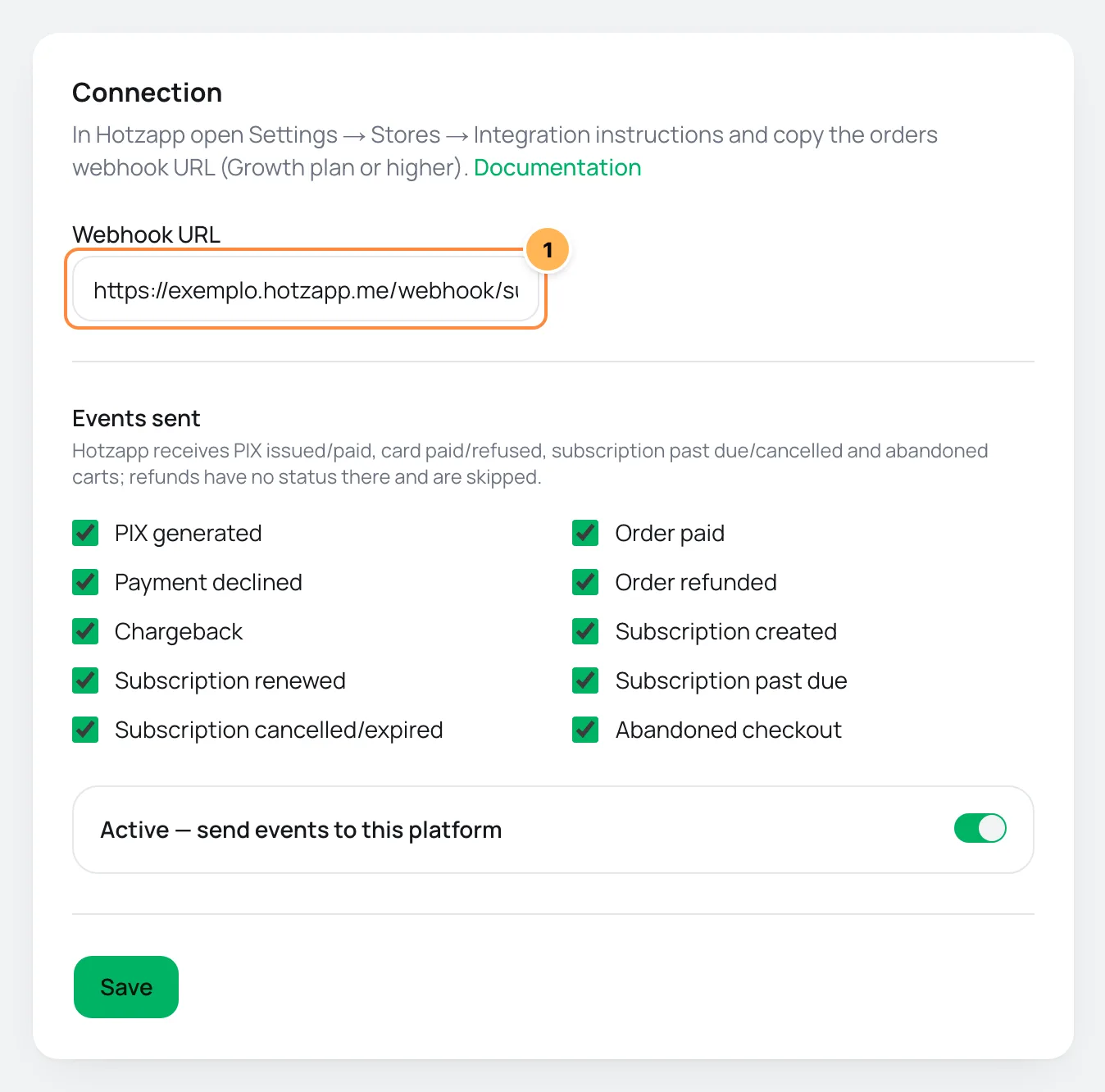 Hotzapp Connection card in Vipter with the webhook URL field numbered and the list of events