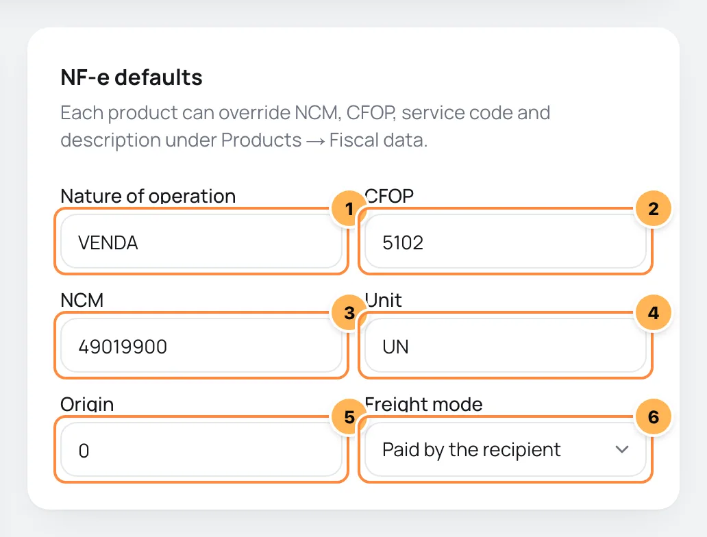 NF-e defaults card with nature of operation, CFOP, NCM, unit, origin and freight mode numbered