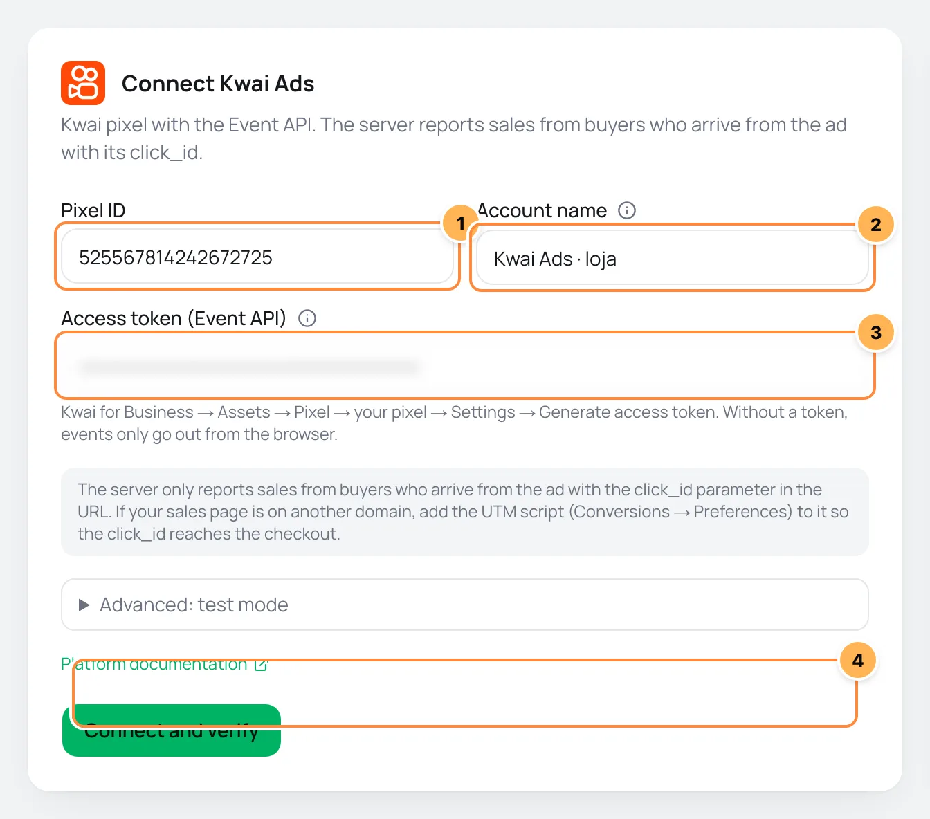 Connect Kwai Ads form with Pixel ID, account name, Event API token and test mode numbered and the note about the click_id parameter