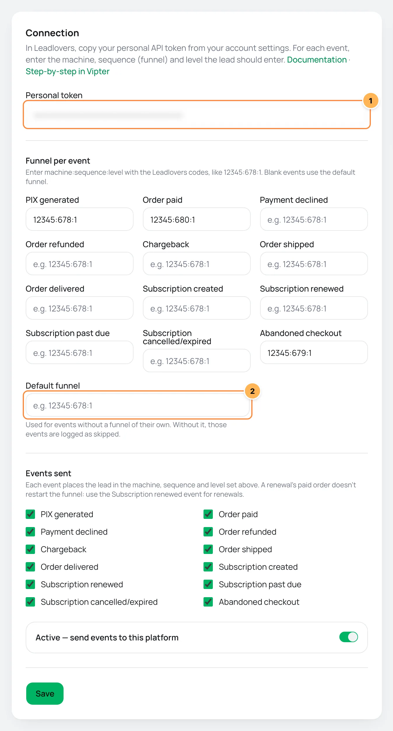 Leadlovers Connection card in Vipter with the token, the funnel per event and the default funnel