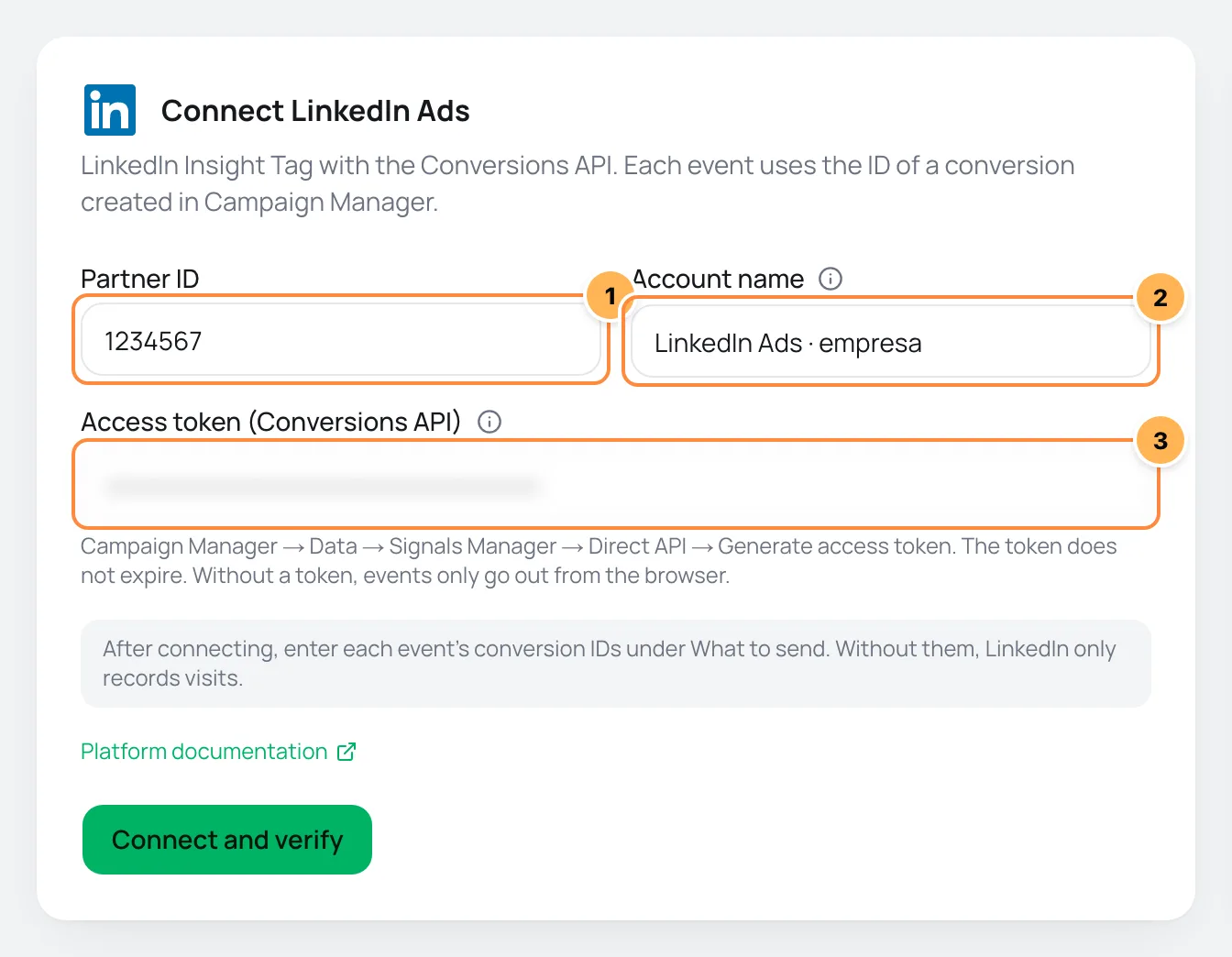 Connect LinkedIn Ads form with Partner ID, account name and access token numbered and the note about conversion IDs