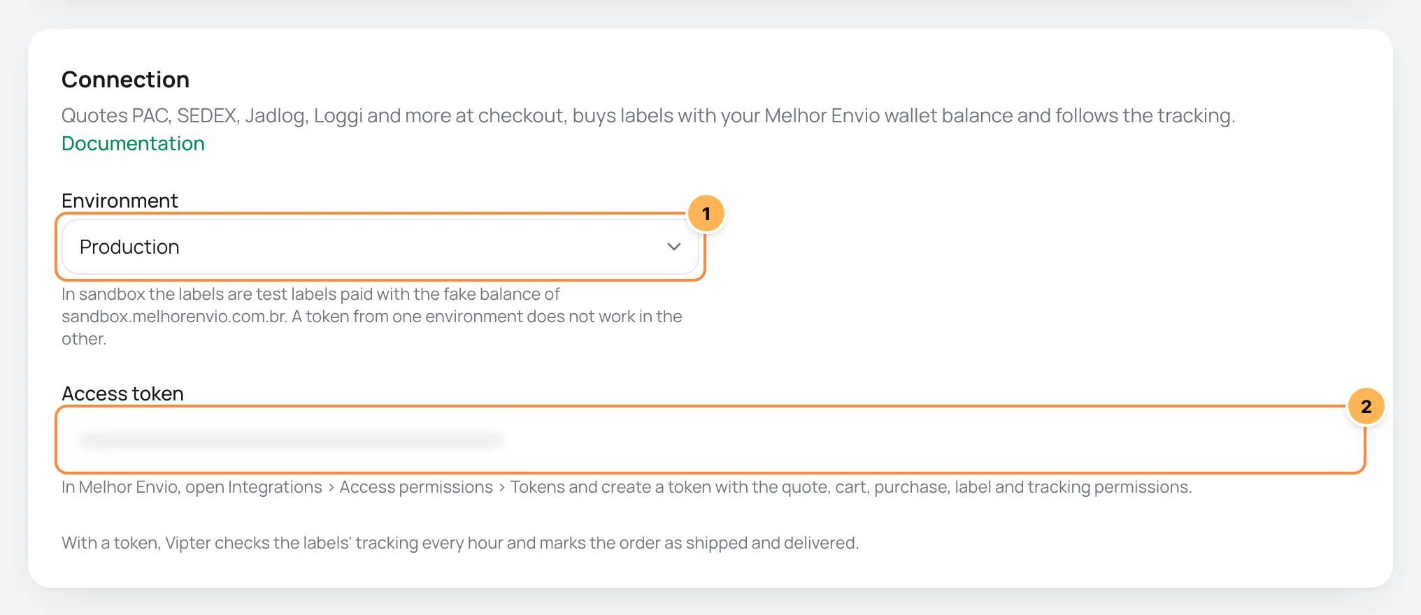 Melhor Envio Connection card in Vipter with the environment and the token numbered