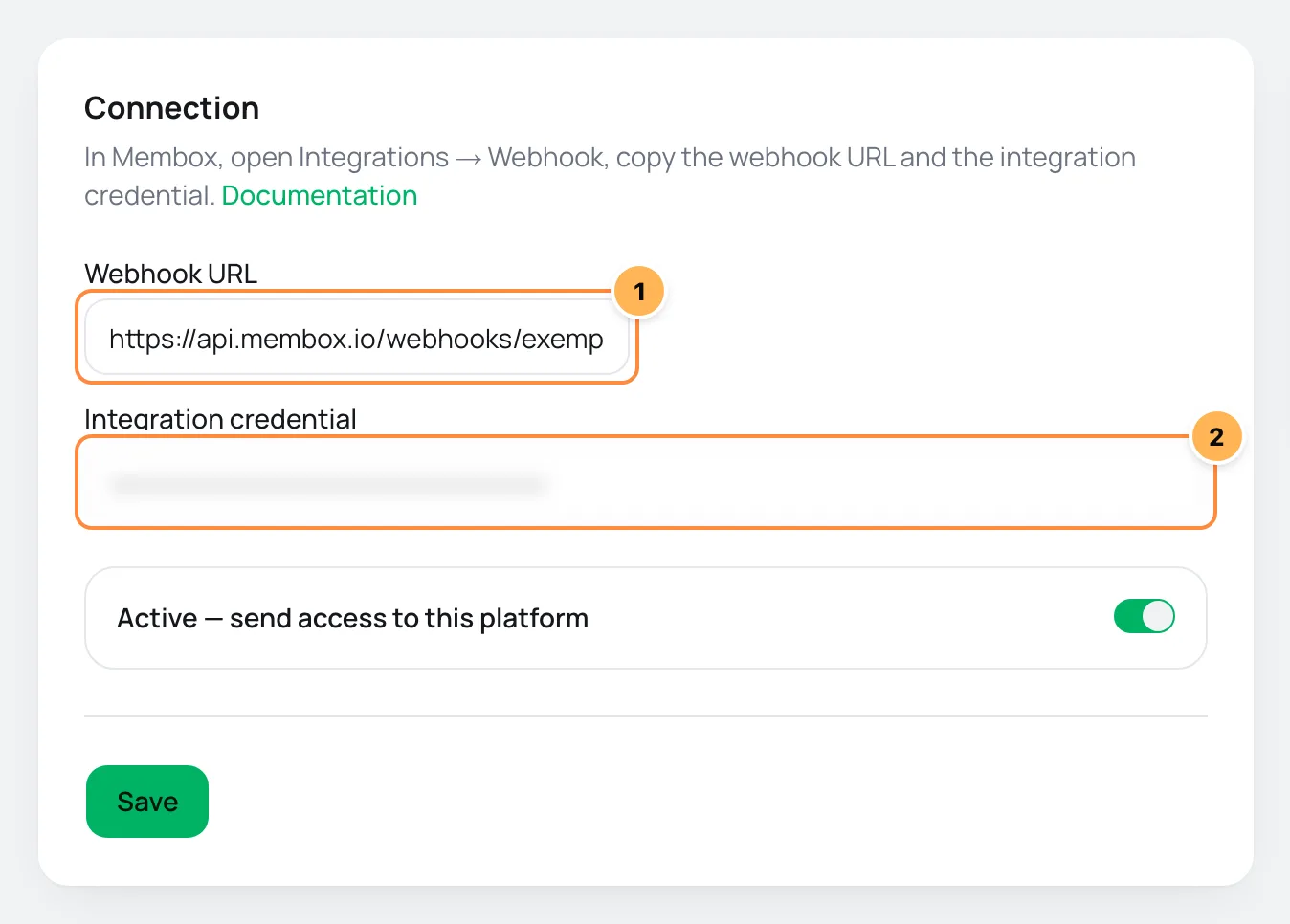 Membox connection card in Vipter with the webhook URL and the credential numbered
