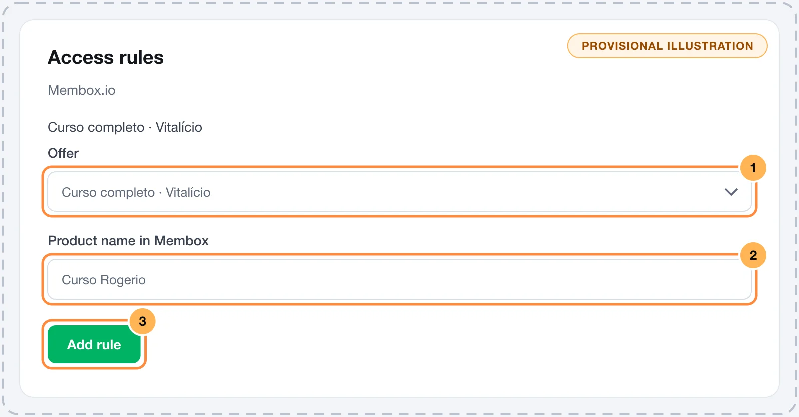 Membox access rules in Vipter, with the offer and the product name in Membox