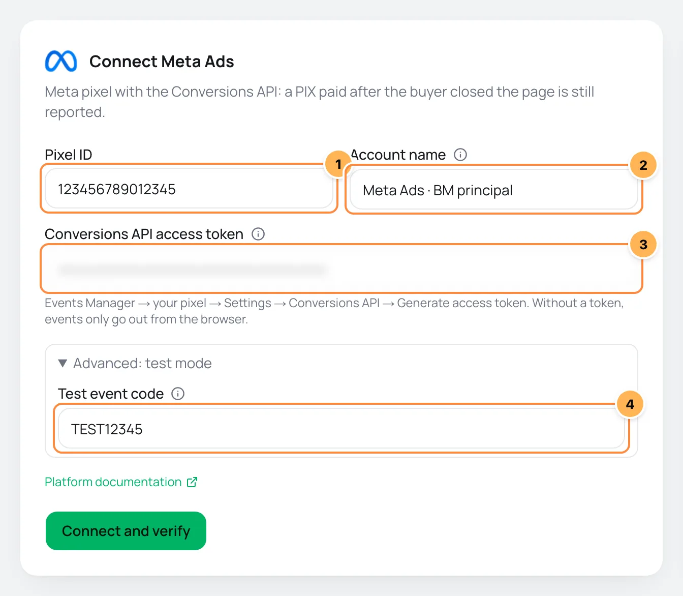 Connect Meta Ads form with Pixel ID, account name, Conversions API token and test code numbered