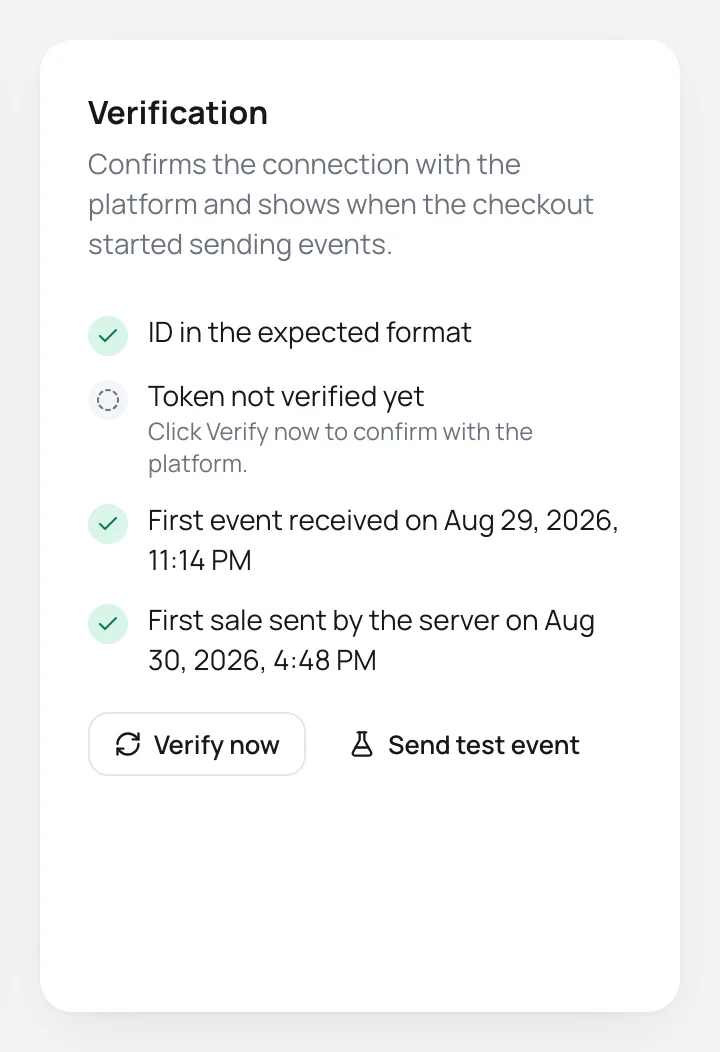 Verification card of the Meta account with the list of checks and the Verify now and Send test event buttons