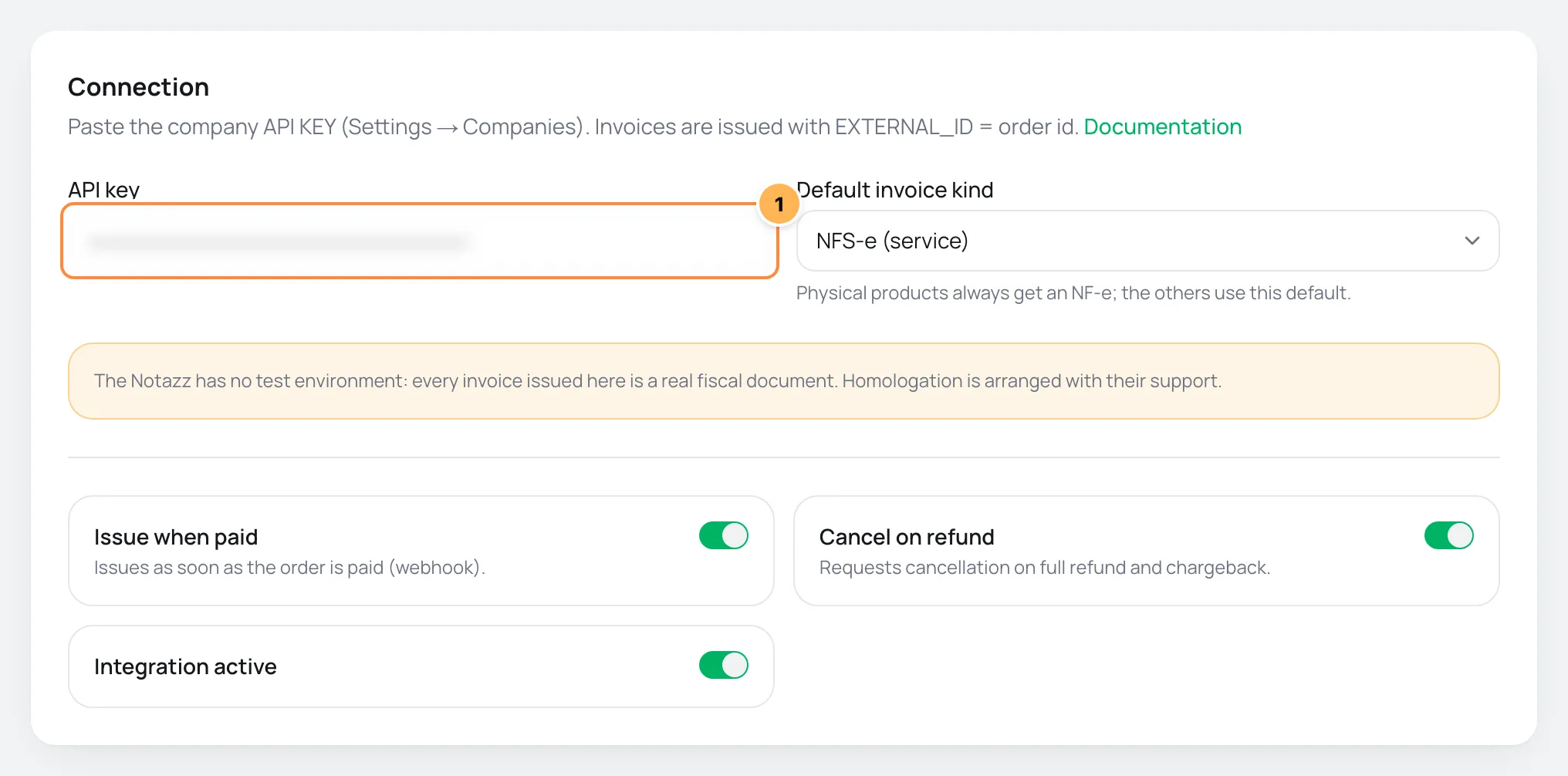 Notazz connection card in Vipter with the API key field numbered and the notice that there is no test environment